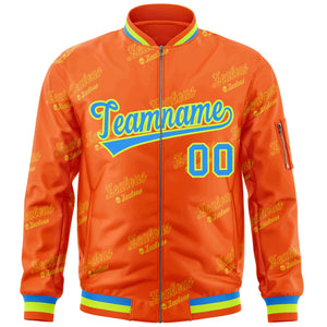 Custom Orange Powder Blue-Neon Green Letter Full-Zip Varsity Bomber Jacket