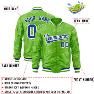 Custom Green Royal-White Letter Full-Zip Varsity Bomber Jacket