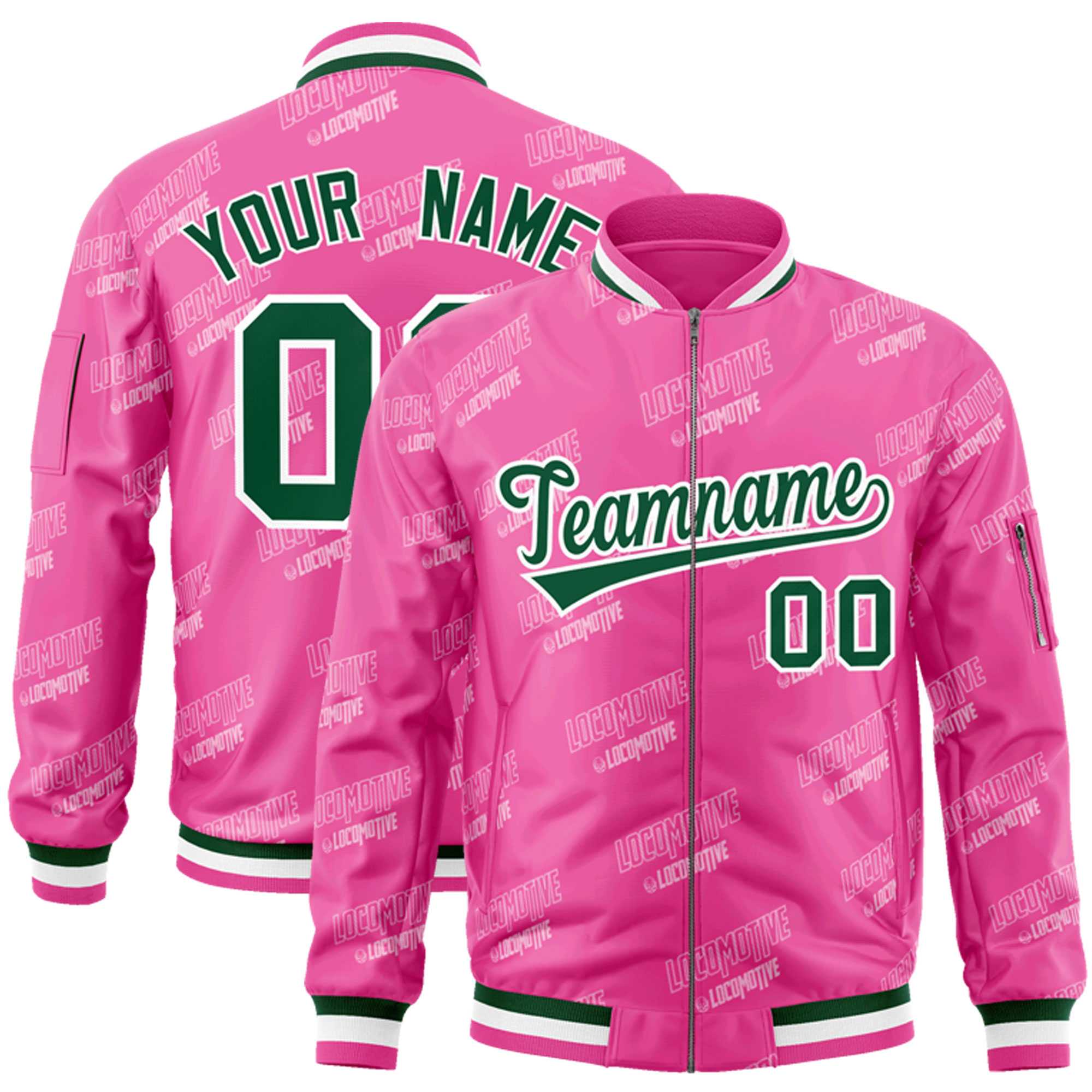 Custom Pink Green-White Letter Full-Zip Varsity Bomber Jacket