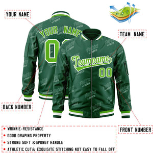 Custom Green White Letter Full-Zip Varsity Bomber Jacket