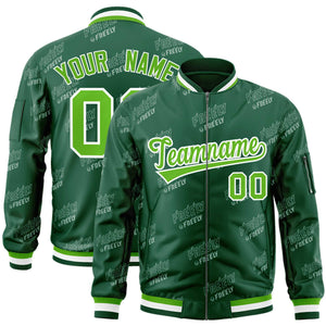 Custom Green White Letter Full-Zip Varsity Bomber Jacket