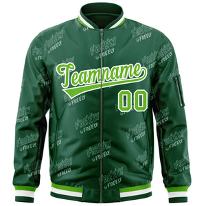 Custom Green White Letter Full-Zip Varsity Bomber Jacket