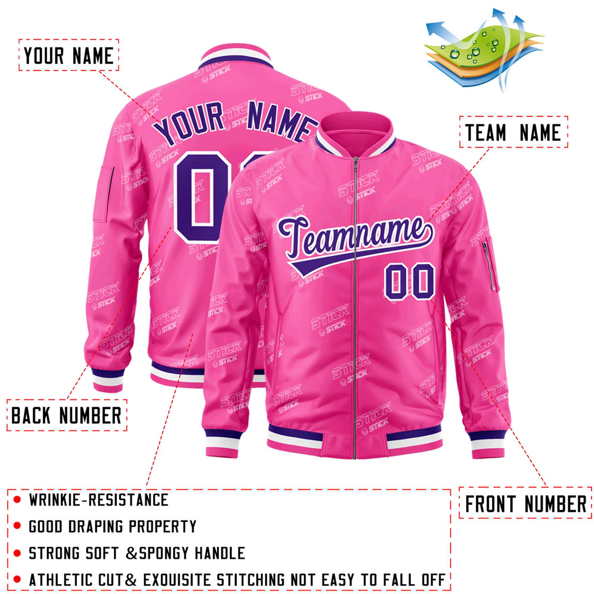 Custom Pink Purple-White Letter Full-Zip Varsity Bomber Jacket