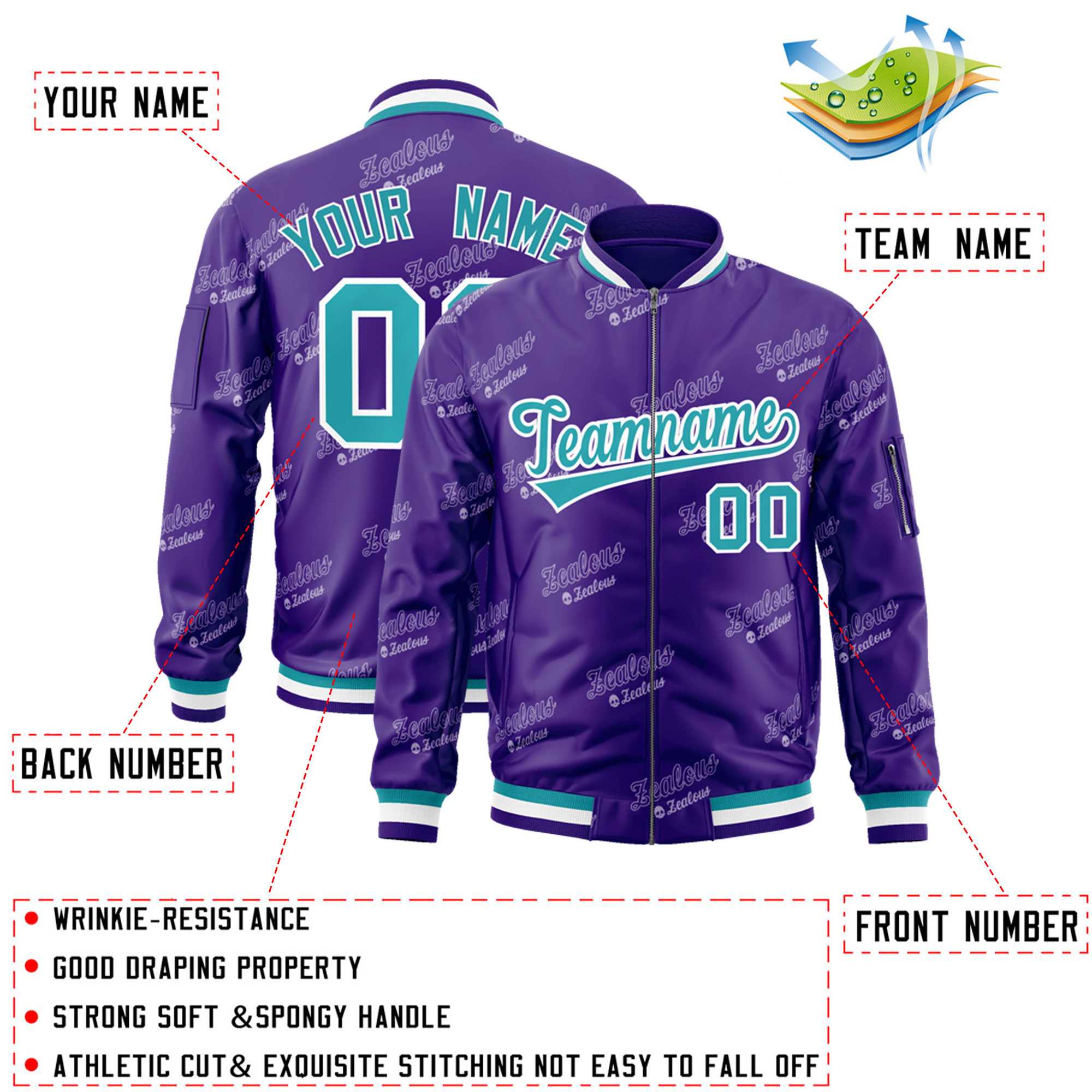 Custom Purple Aqua-White Letter Full-Zip Varsity Bomber Jacket