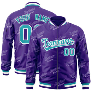 Custom Purple Aqua-White Letter Full-Zip Varsity Bomber Jacket