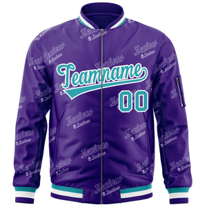 Custom Purple Aqua-White Letter Full-Zip Varsity Bomber Jacket