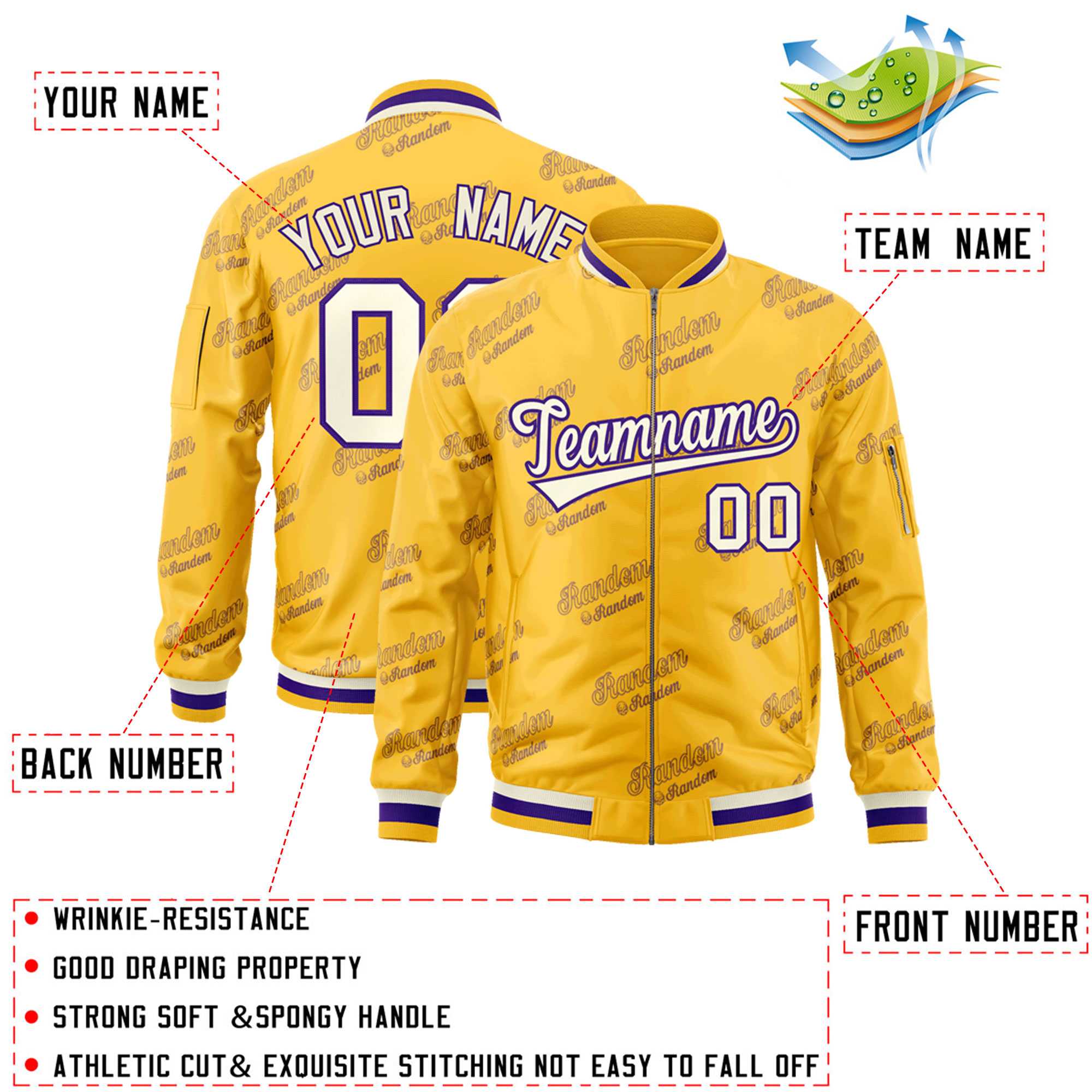 Custom Gold Cream-Purple Letter Full-Zip Varsity Bomber Jacket