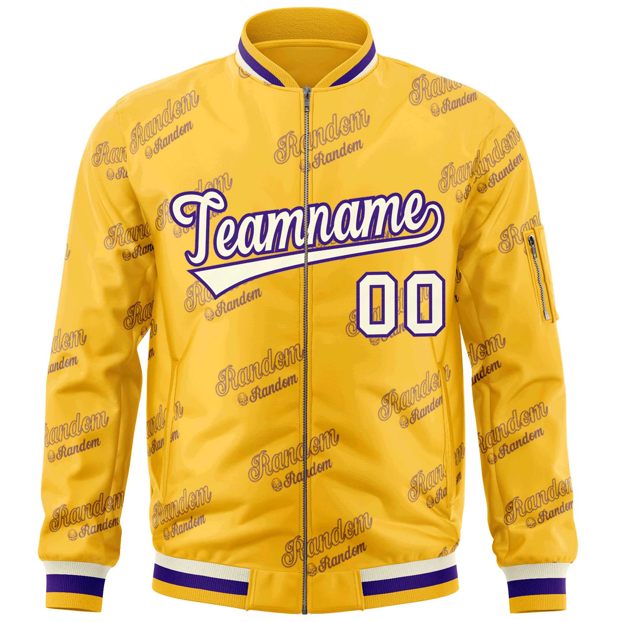 Custom Gold Cream-Purple Letter Full-Zip Varsity Bomber Jacket