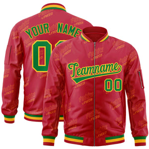 Custom Red Kelly Green-Gold Letter Full-Zip Varsity Bomber Jacket