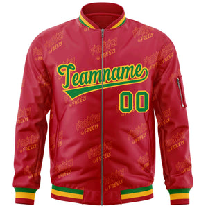 Custom Red Kelly Green-Gold Letter Full-Zip Varsity Bomber Jacket