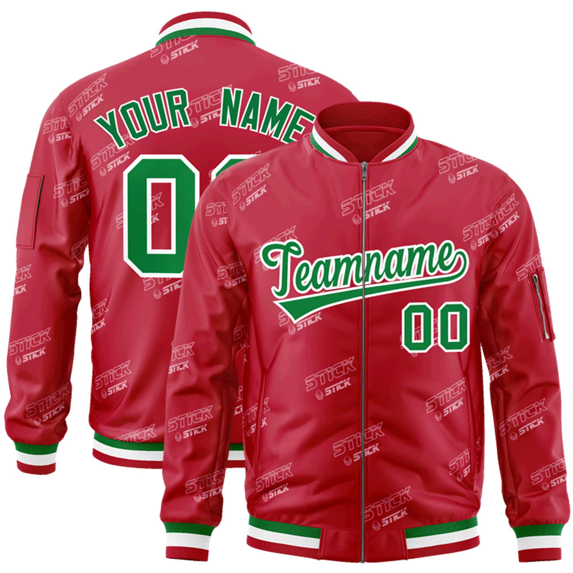 Custom Red Kelly Green-White Letter Full-Zip Varsity Bomber Jacket