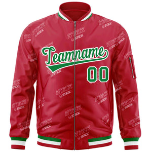 Custom Red Kelly Green-White Letter Full-Zip Varsity Bomber Jacket