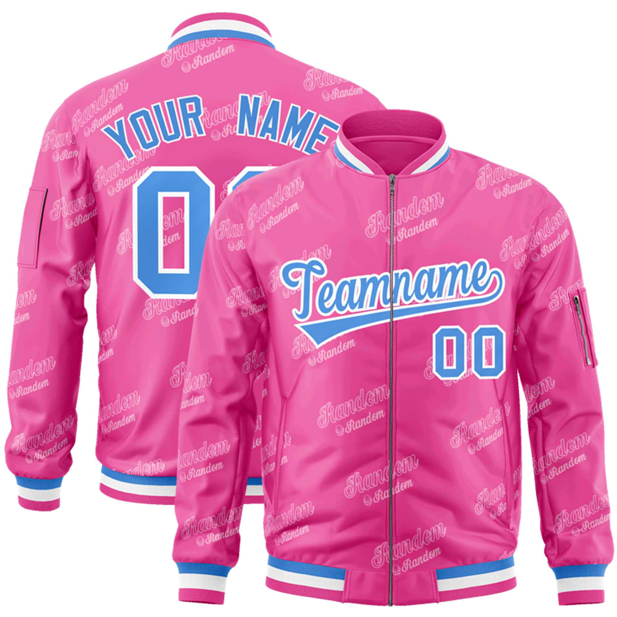 Custom Pink Powder Blue-White Letter Full-Zip Varsity Bomber Jacket