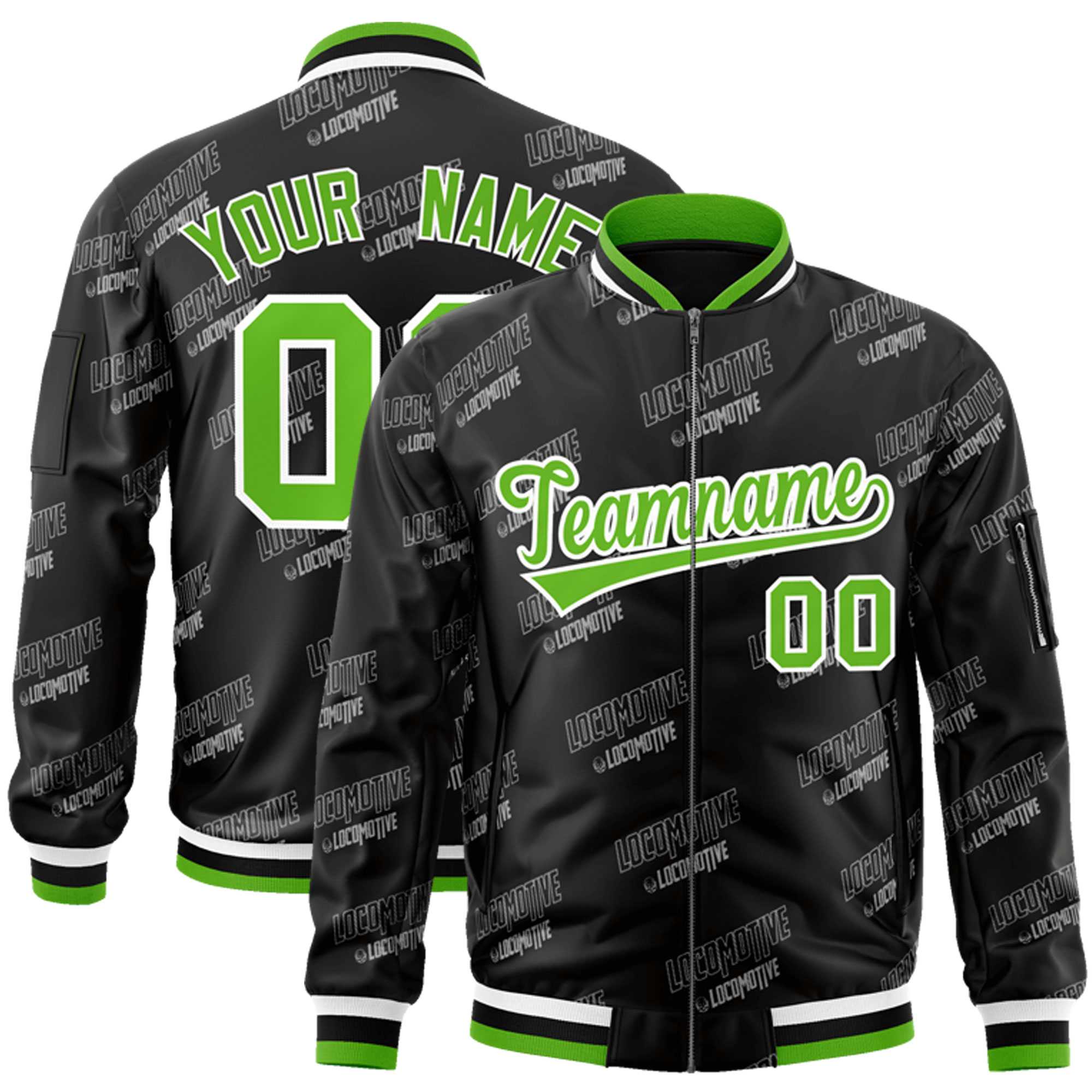 Custom Black Green-White Letter Full-Zip Varsity Bomber Jacket