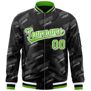 Custom Black Green-White Letter Full-Zip Varsity Bomber Jacket