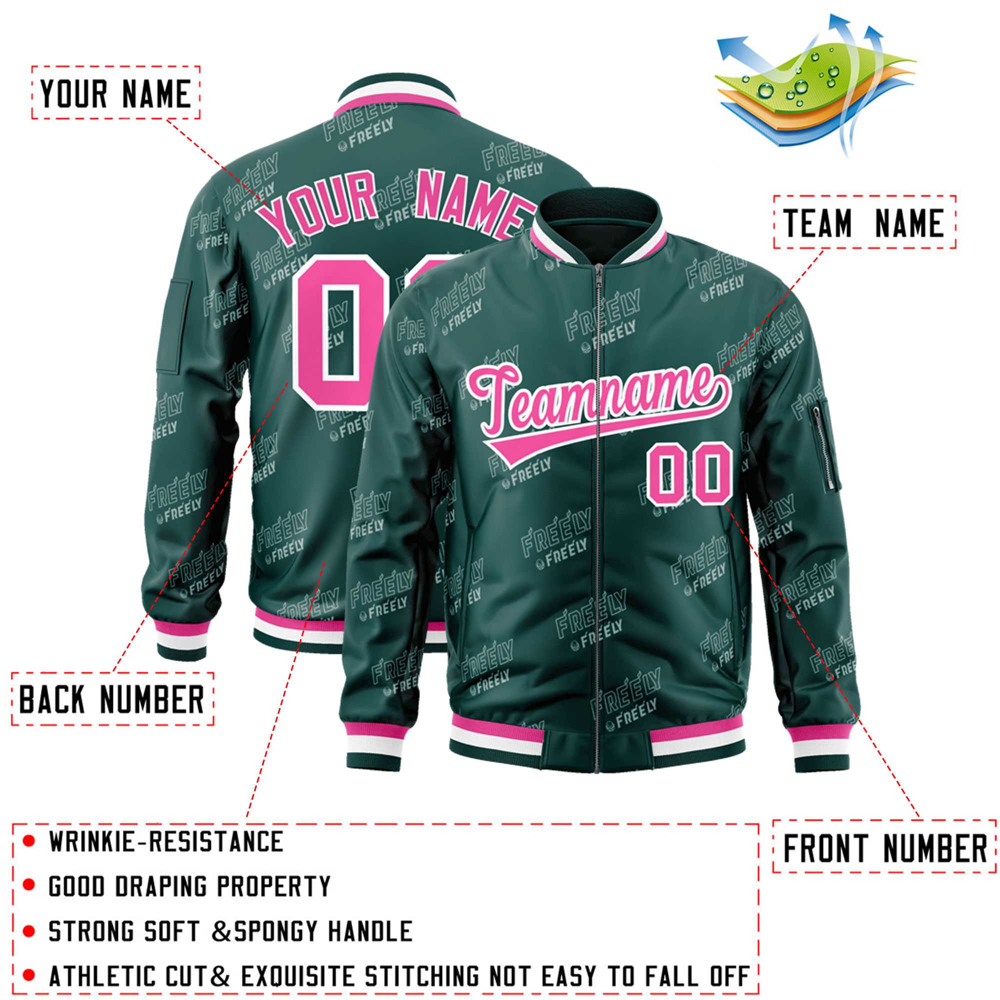 Custom Midnight Green Pink-White Letter Full-Zip Varsity Bomber Jacket