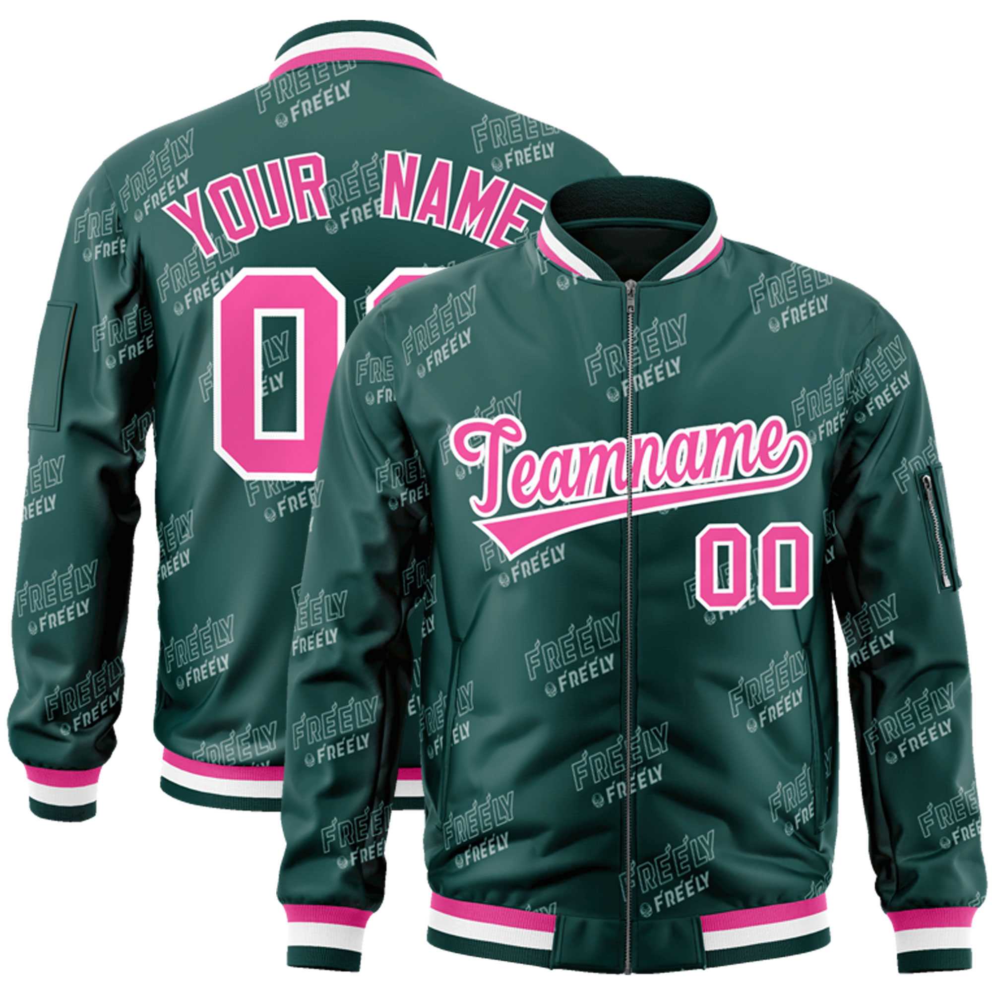 Custom Midnight Green Pink-White Letter Full-Zip Varsity Bomber Jacket