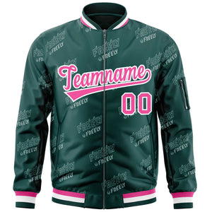 Custom Midnight Green Pink-White Letter Full-Zip Varsity Bomber Jacket