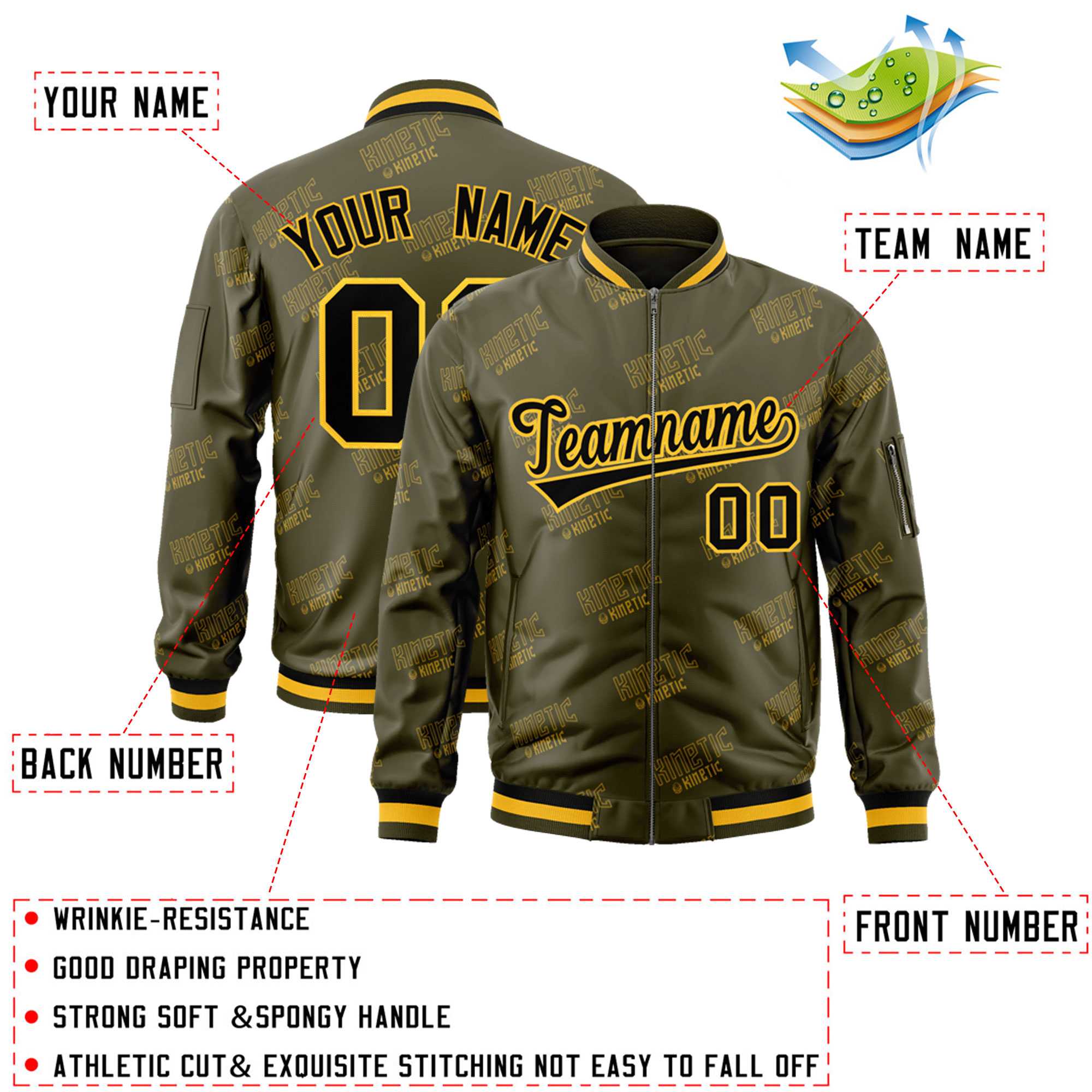 Custom Olive Black-Gold Letter Full-Zip Varsity Bomber Jacket