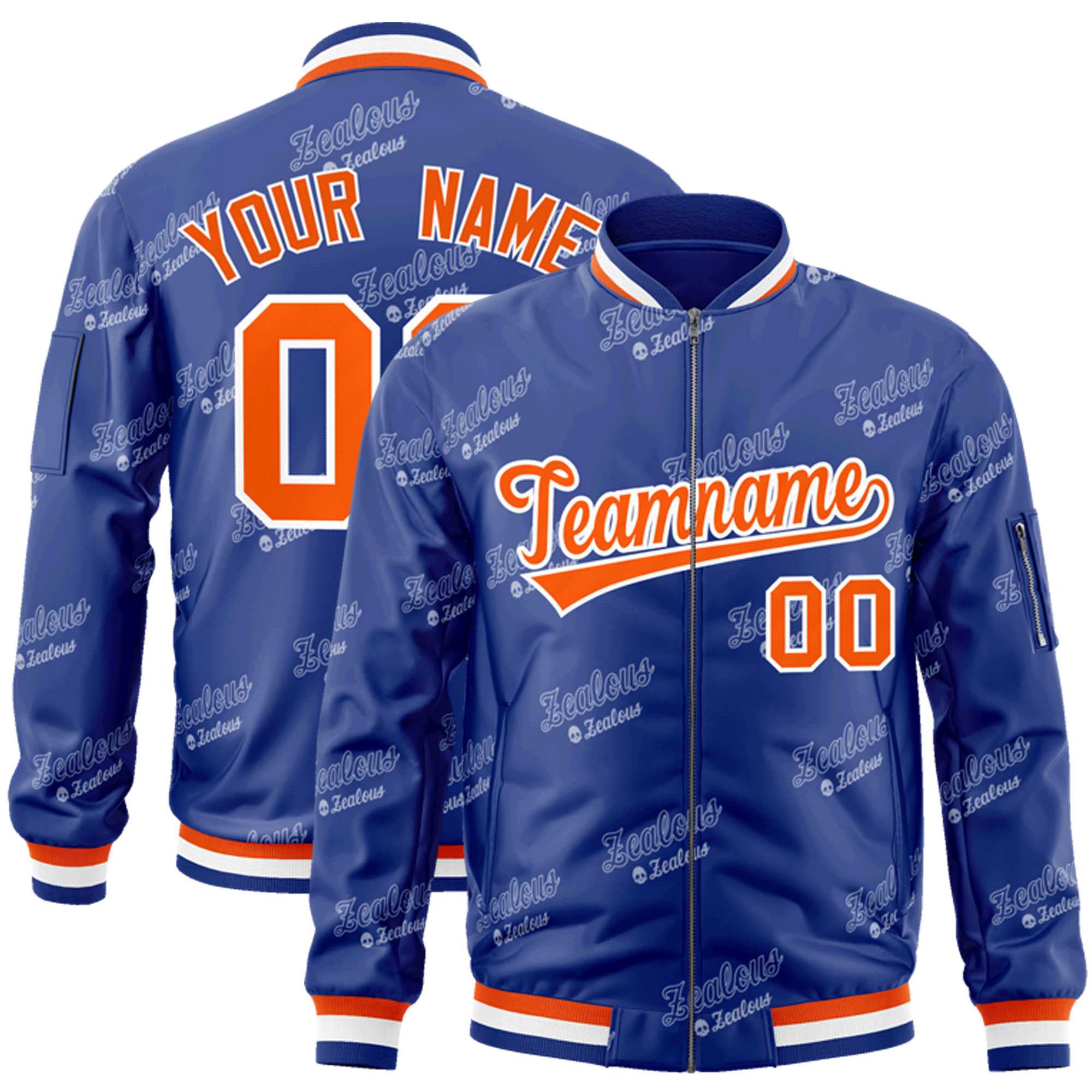 Custom Royal Orange-White Letter Full-Zip Varsity Bomber Jacket