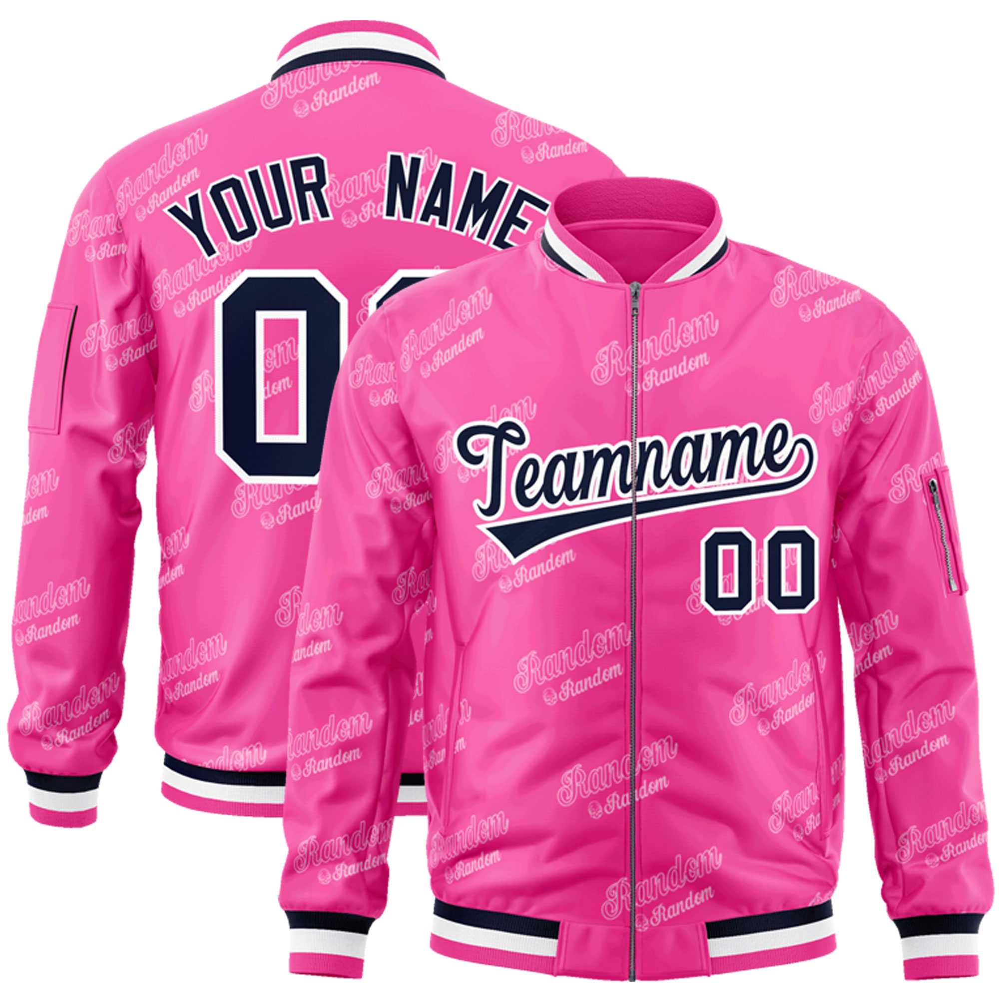 Custom Pink Navy-White Letter Full-Zip Varsity Bomber Jacket