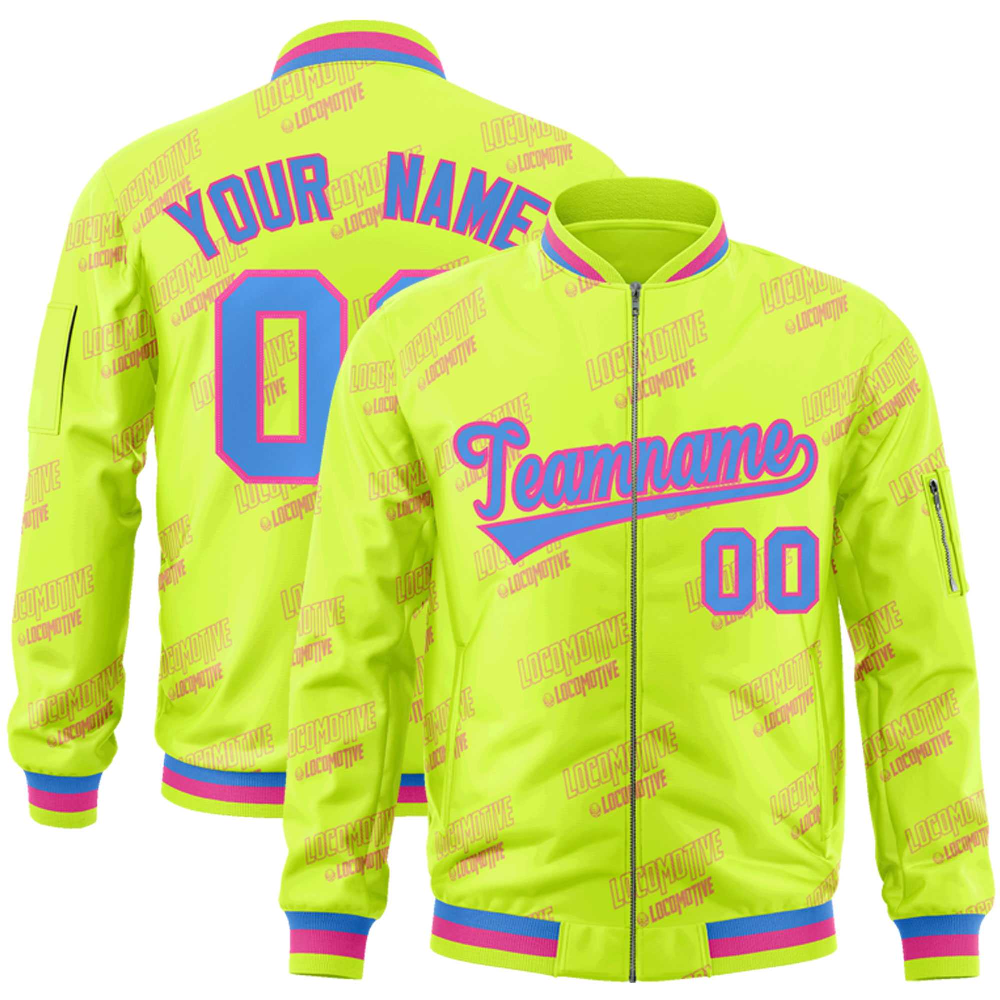 Custom Neon Green Powder Blue-Pink Letter Full-Zip Varsity Bomber Jacket