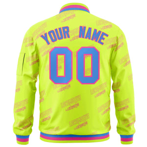 Custom Neon Green Powder Blue-Pink Letter Full-Zip Varsity Bomber Jacket