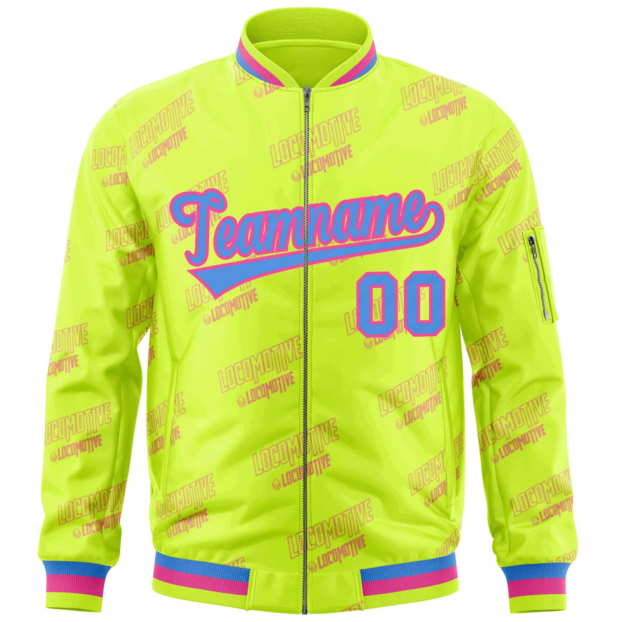 Custom Neon Green Powder Blue-Pink Letter Full-Zip Varsity Bomber Jacket