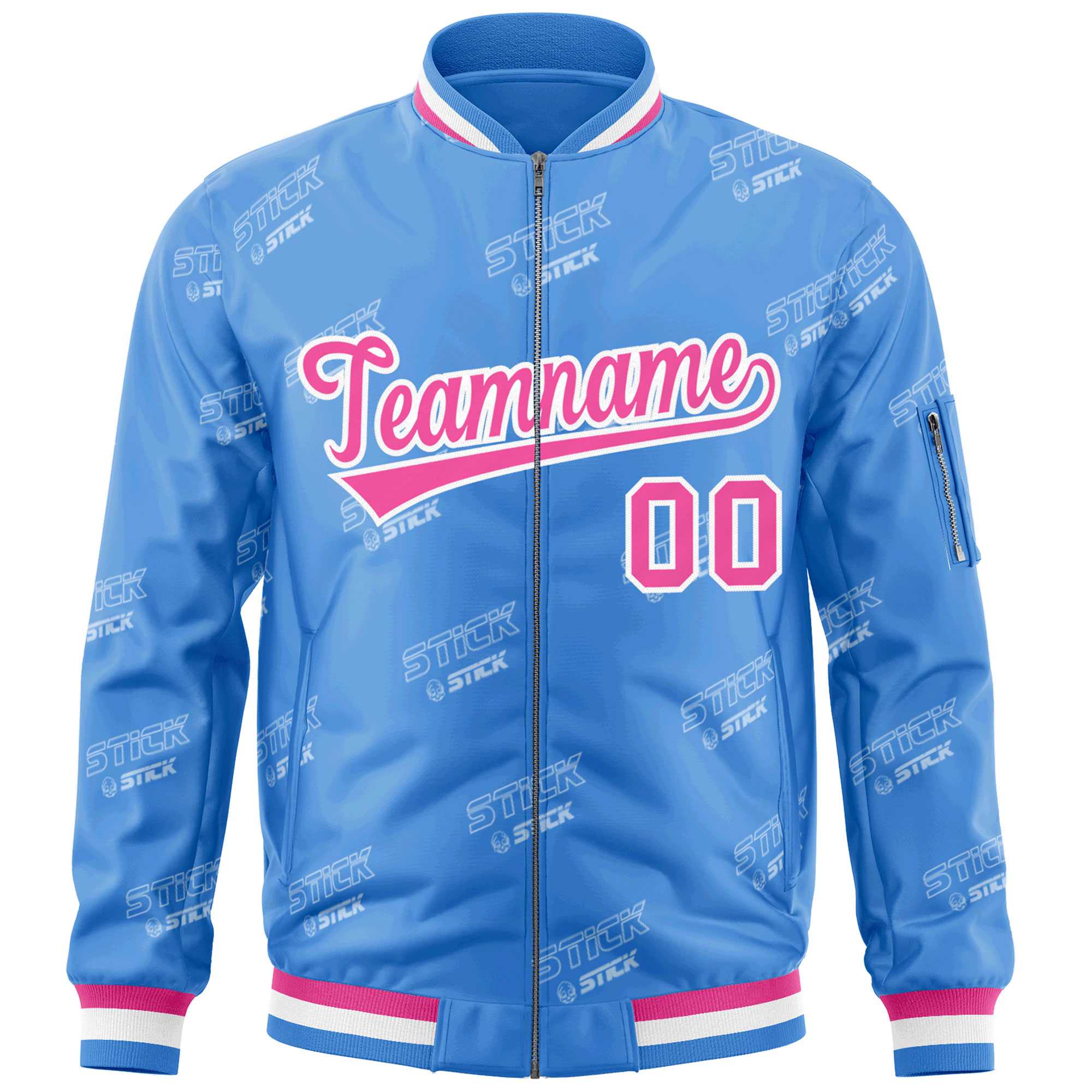 Custom Powder Blue Pink-White Letter Full-Zip Varsity Bomber Jacket