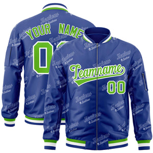 Custom Royal Green-White Letter Full-Zip Varsity Bomber Jacket