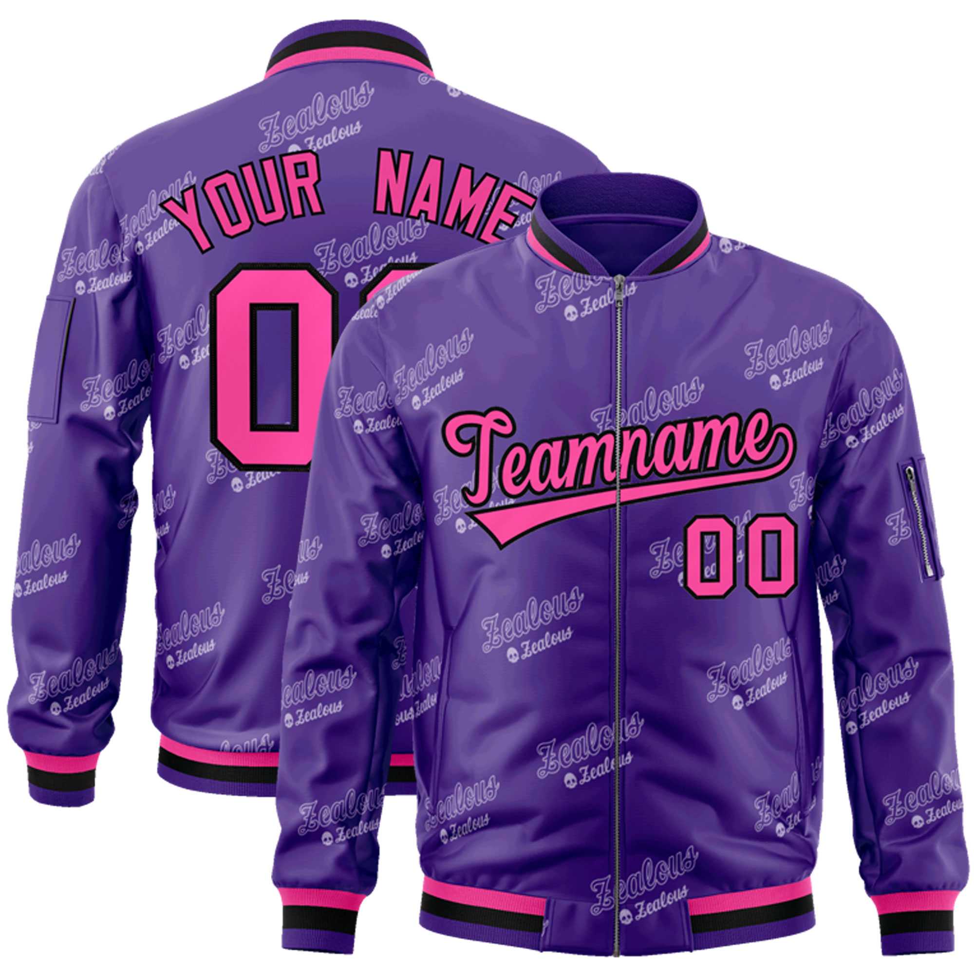 Custom Purple Pink-Black Letter Full-Zip Varsity Bomber Jacket