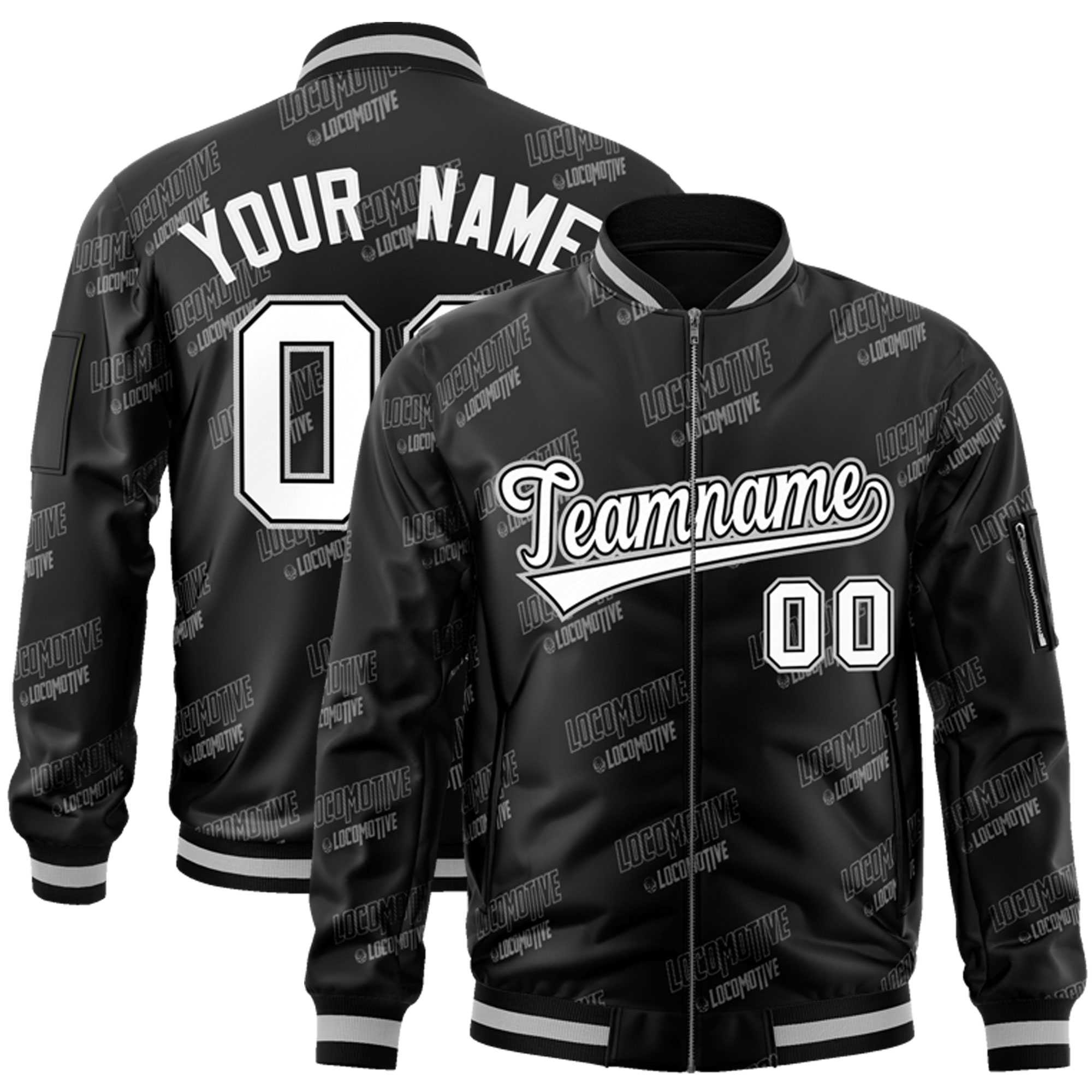 Custom Black White Letter Full-Zip Varsity Bomber Jacket