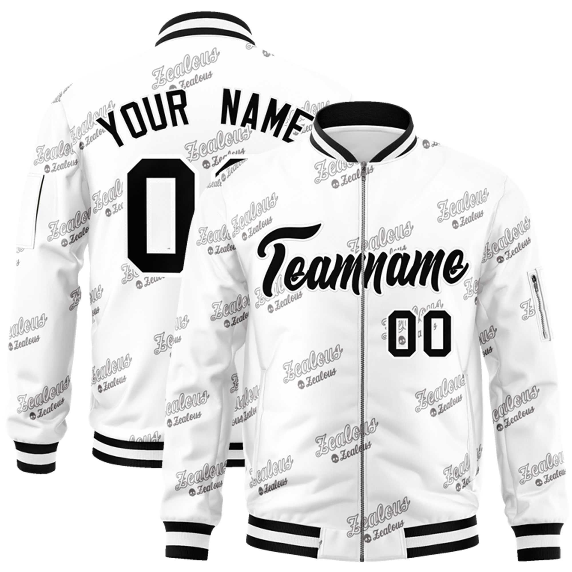 Custom White Black Letter Full-Zip Varsity Bomber Jacket