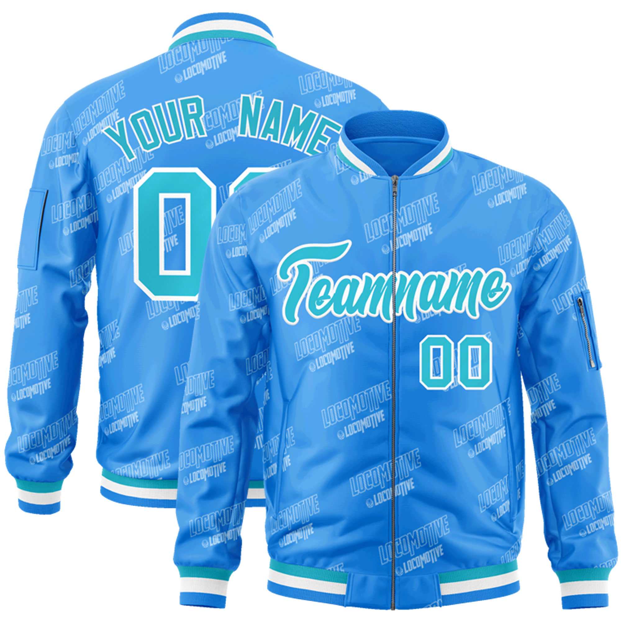 Custom Powder Blue Sky Blue-White Letter Full-Zip Varsity Bomber Jacket