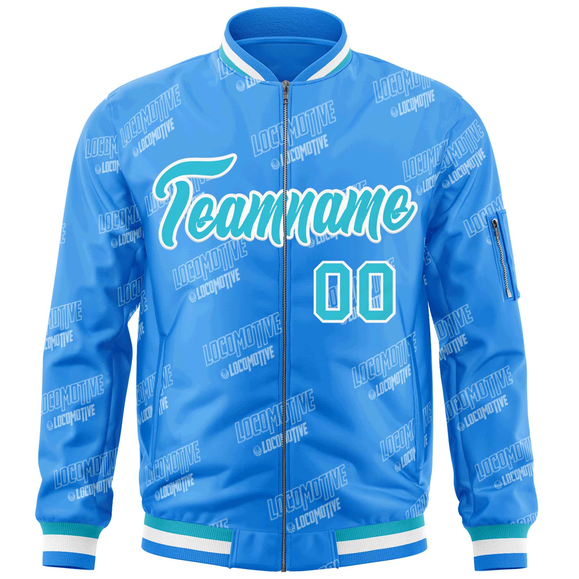 Custom Powder Blue Sky Blue-White Letter Full-Zip Varsity Bomber Jacket