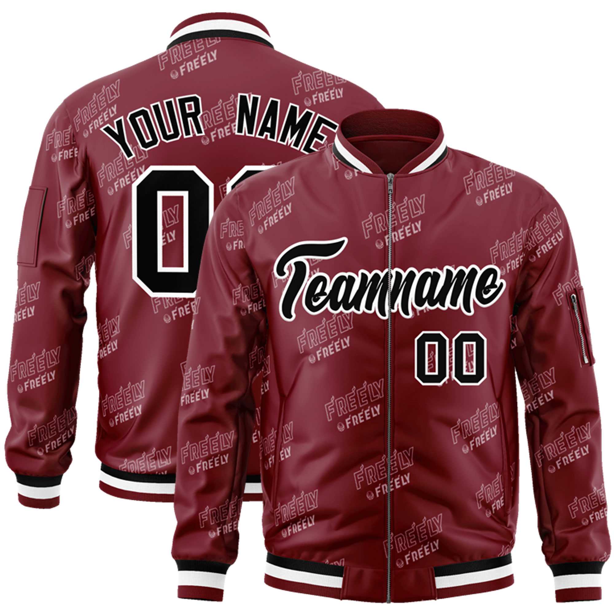 Custom Crimson Black-White Letter Full-Zip Varsity Bomber Jacket