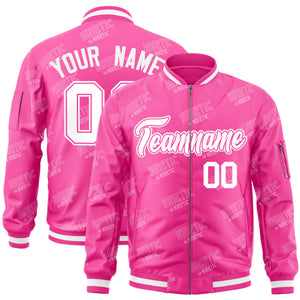 Custom Pink White Letter Full-Zip Varsity Bomber Jacket