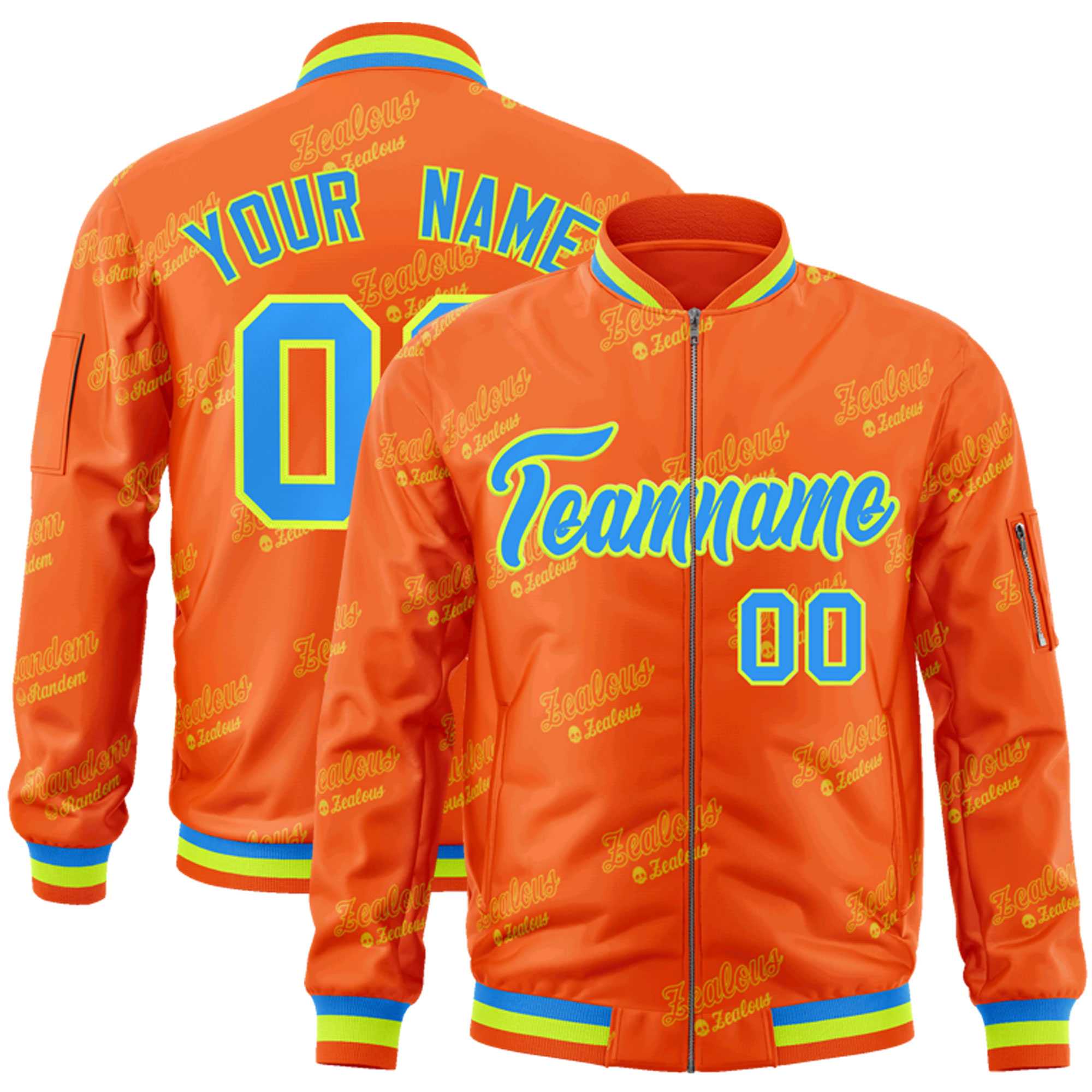 Custom Orange Powder Blue-Neon Green Letter Full-Zip Varsity Bomber Jacket