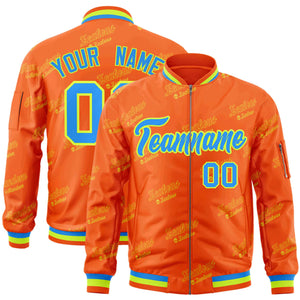 Custom Orange Powder Blue-Neon Green Letter Full-Zip Varsity Bomber Jacket