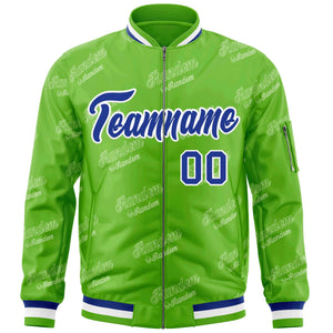 Custom Green Royal-White Letter Full-Zip Varsity Bomber Jacket