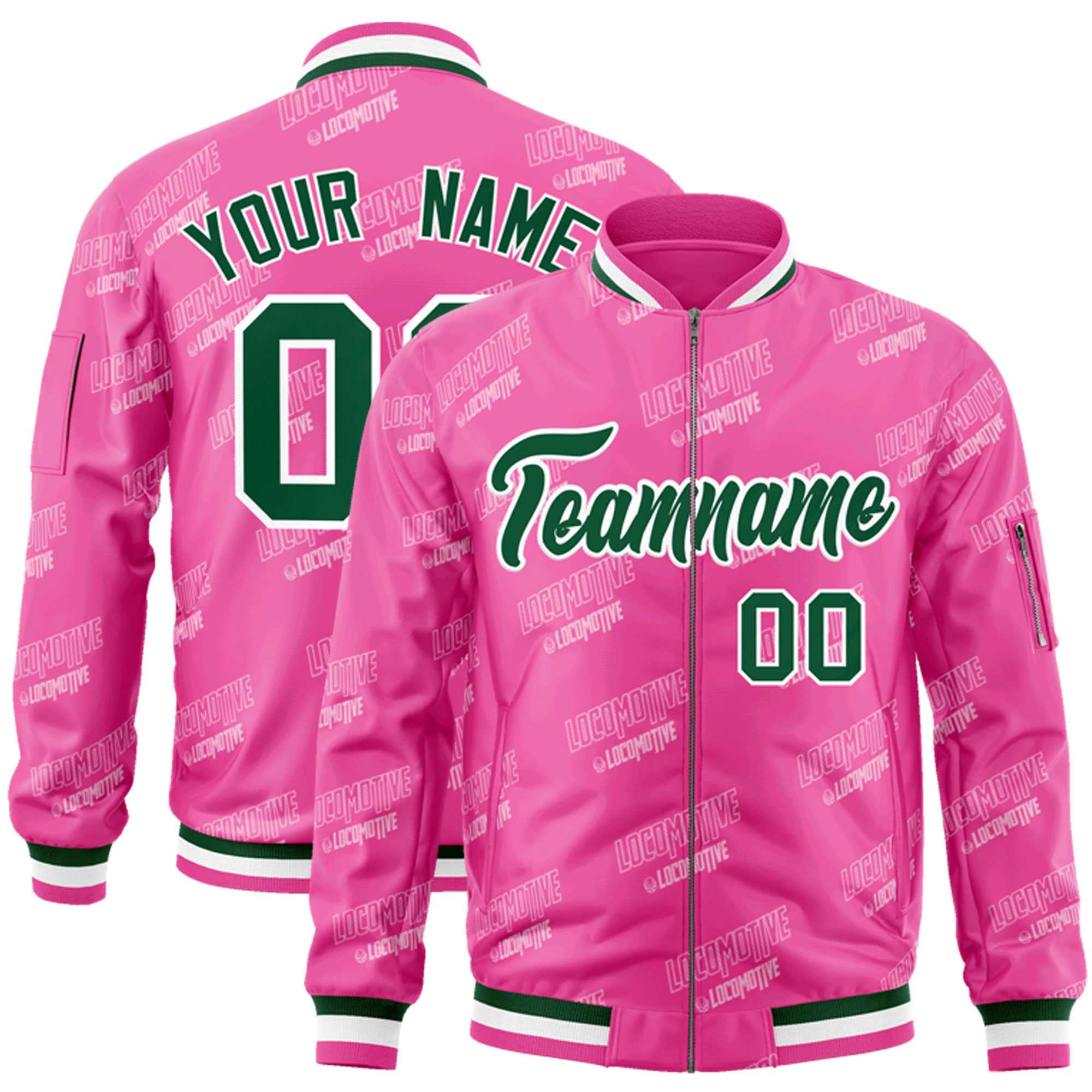 Custom Pink Green-White Letter Full-Zip Varsity Bomber Jacket