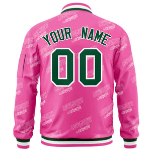 Custom Pink Green-White Letter Full-Zip Varsity Bomber Jacket