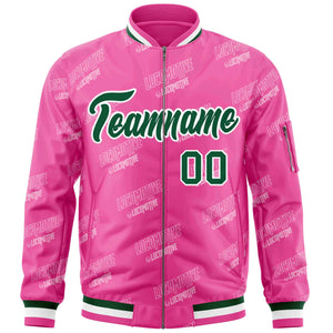 Custom Pink Green-White Letter Full-Zip Varsity Bomber Jacket