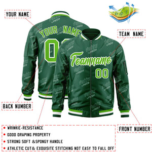 Custom Green White Letter Full-Zip Varsity Bomber Jacket