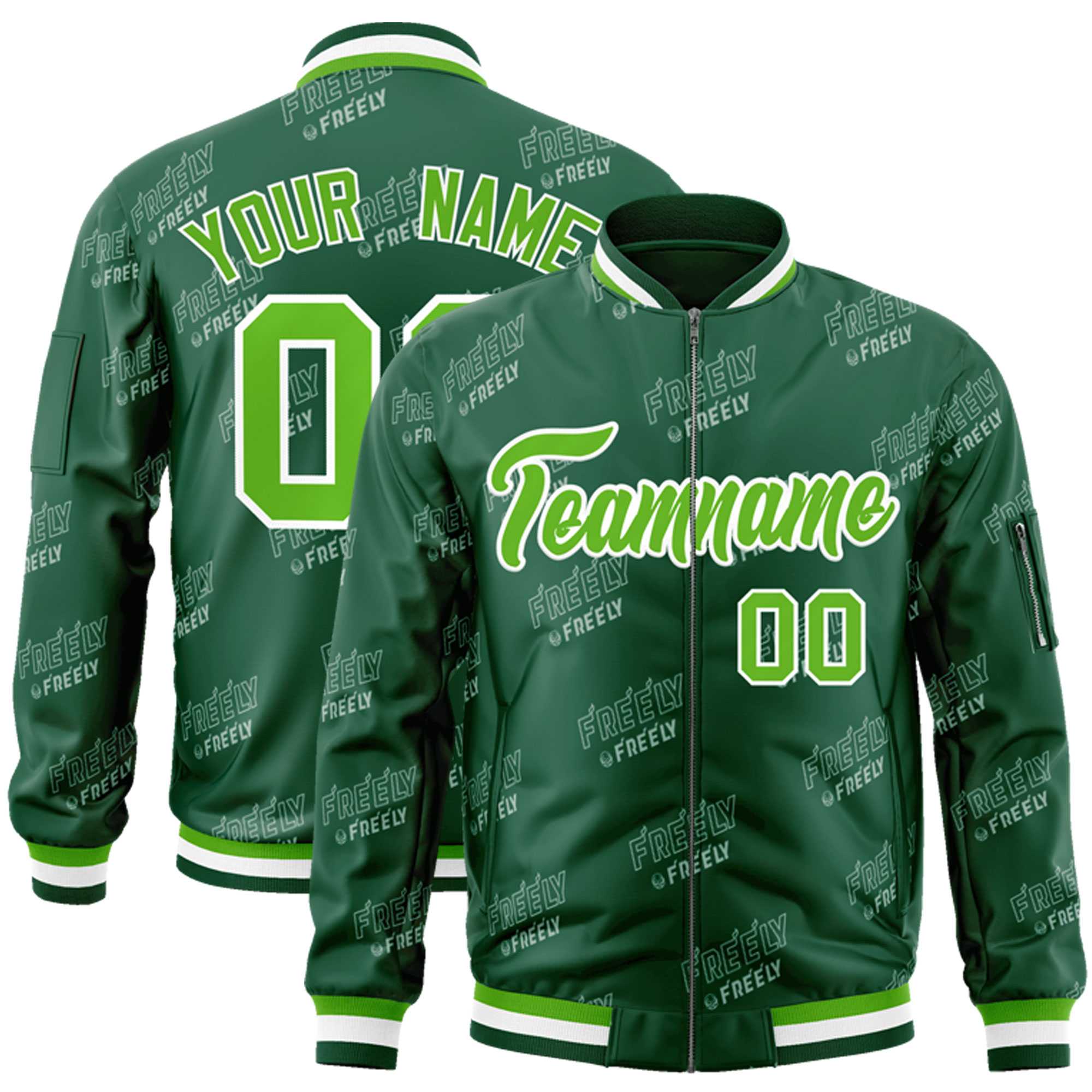 Custom Green White Letter Full-Zip Varsity Bomber Jacket