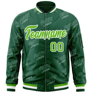 Custom Green White Letter Full-Zip Varsity Bomber Jacket