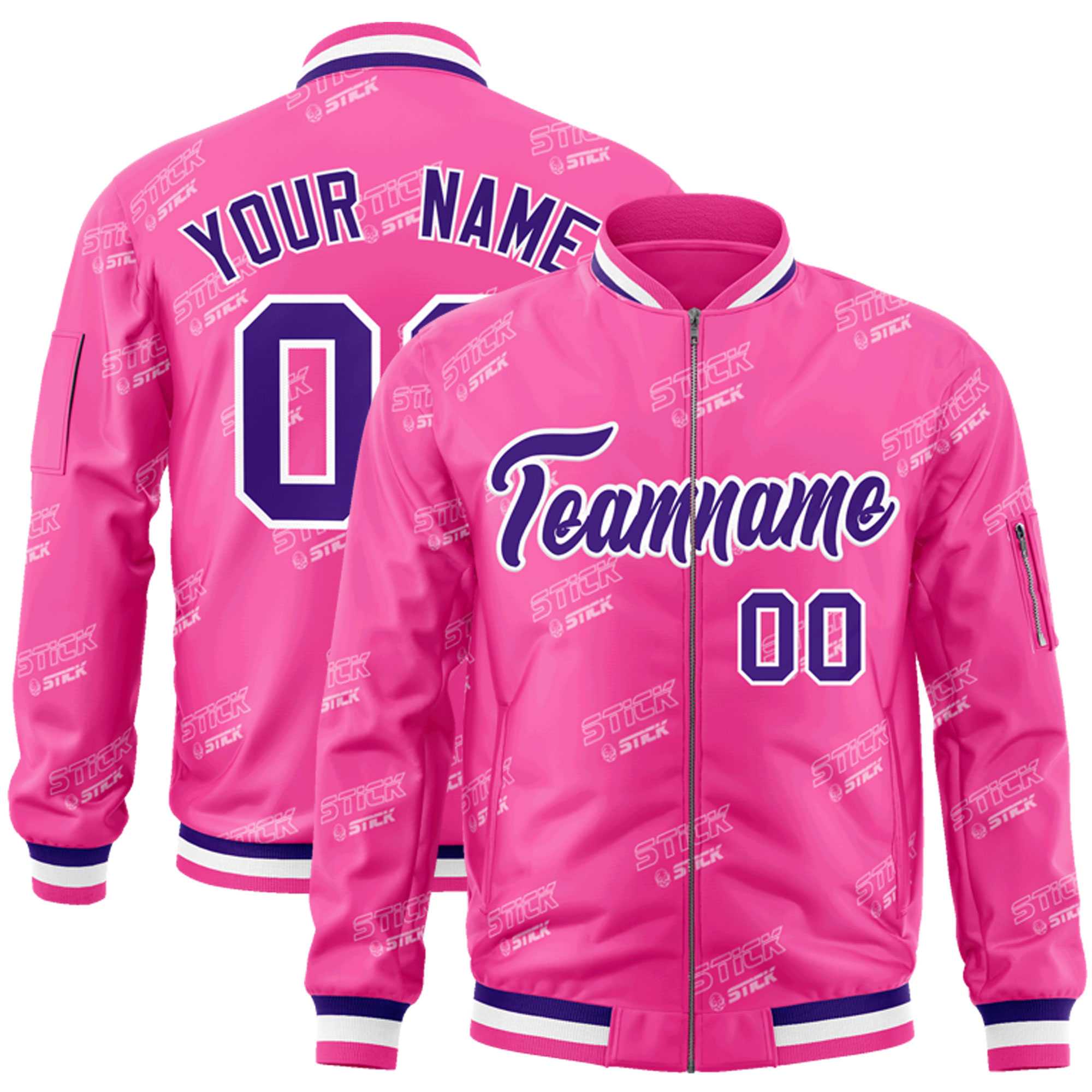 Custom Pink Purple-White Letter Full-Zip Varsity Bomber Jacket