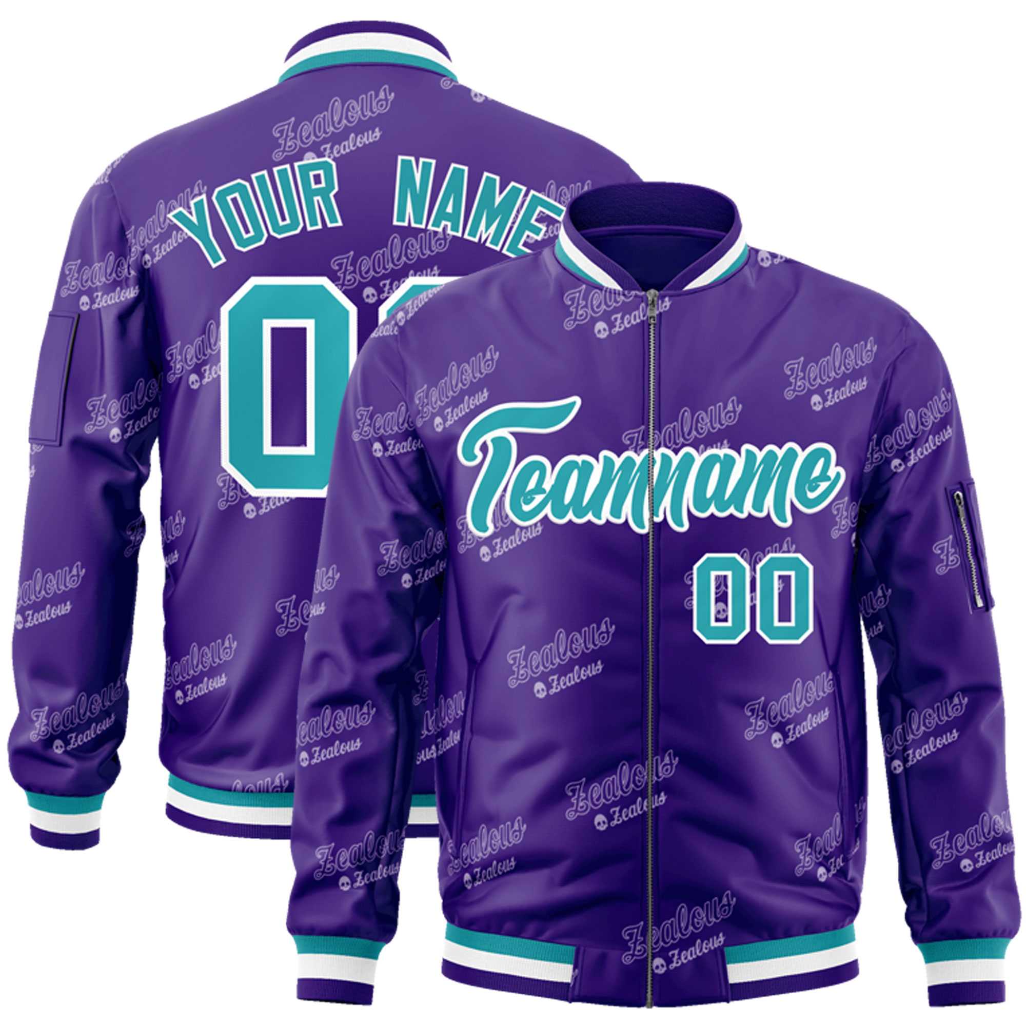 Custom Purple Aqua-White Letter Full-Zip Varsity Bomber Jacket