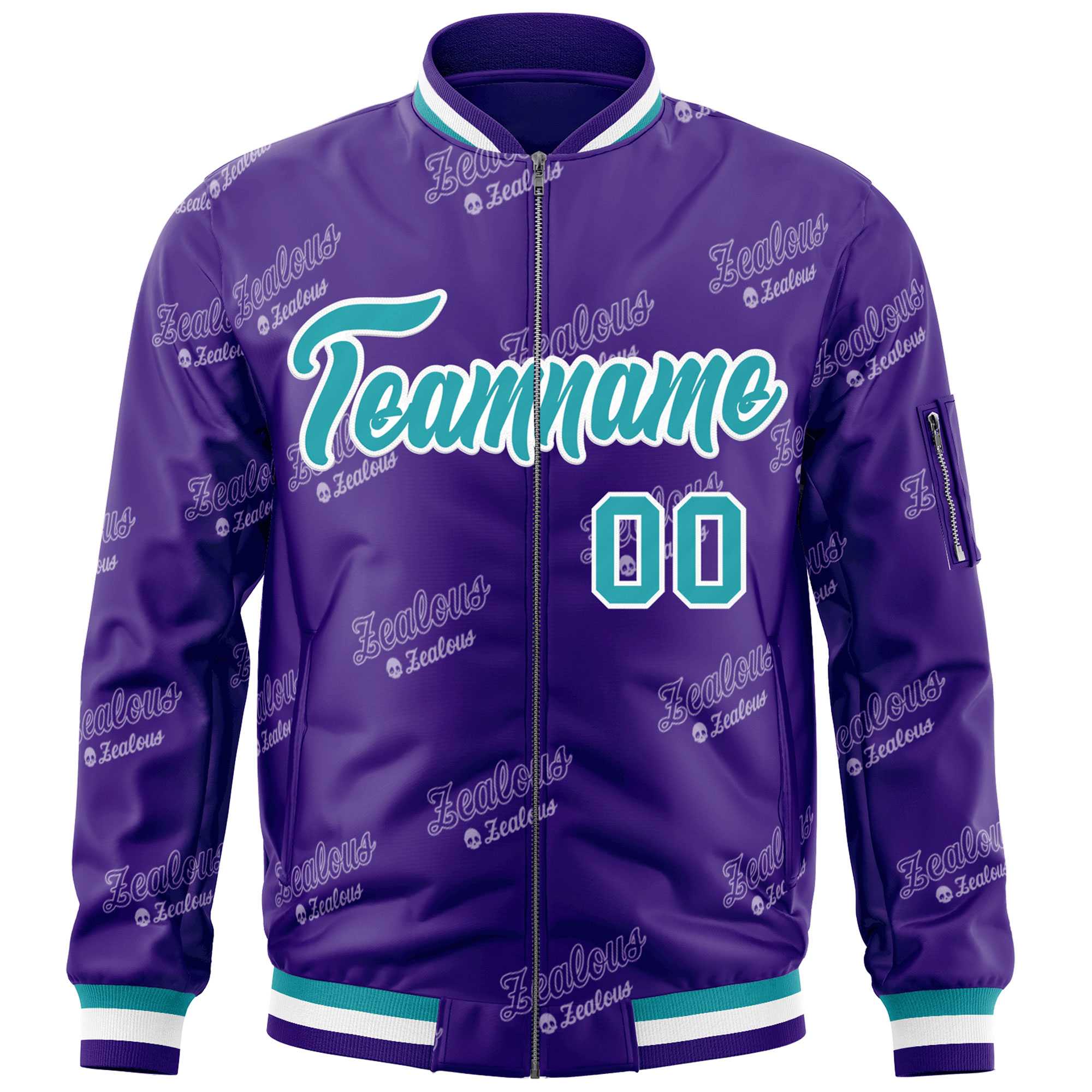 Custom Purple Aqua-White Letter Full-Zip Varsity Bomber Jacket