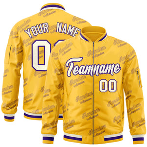 Custom Gold Cream-Purple Letter Full-Zip Varsity Bomber Jacket